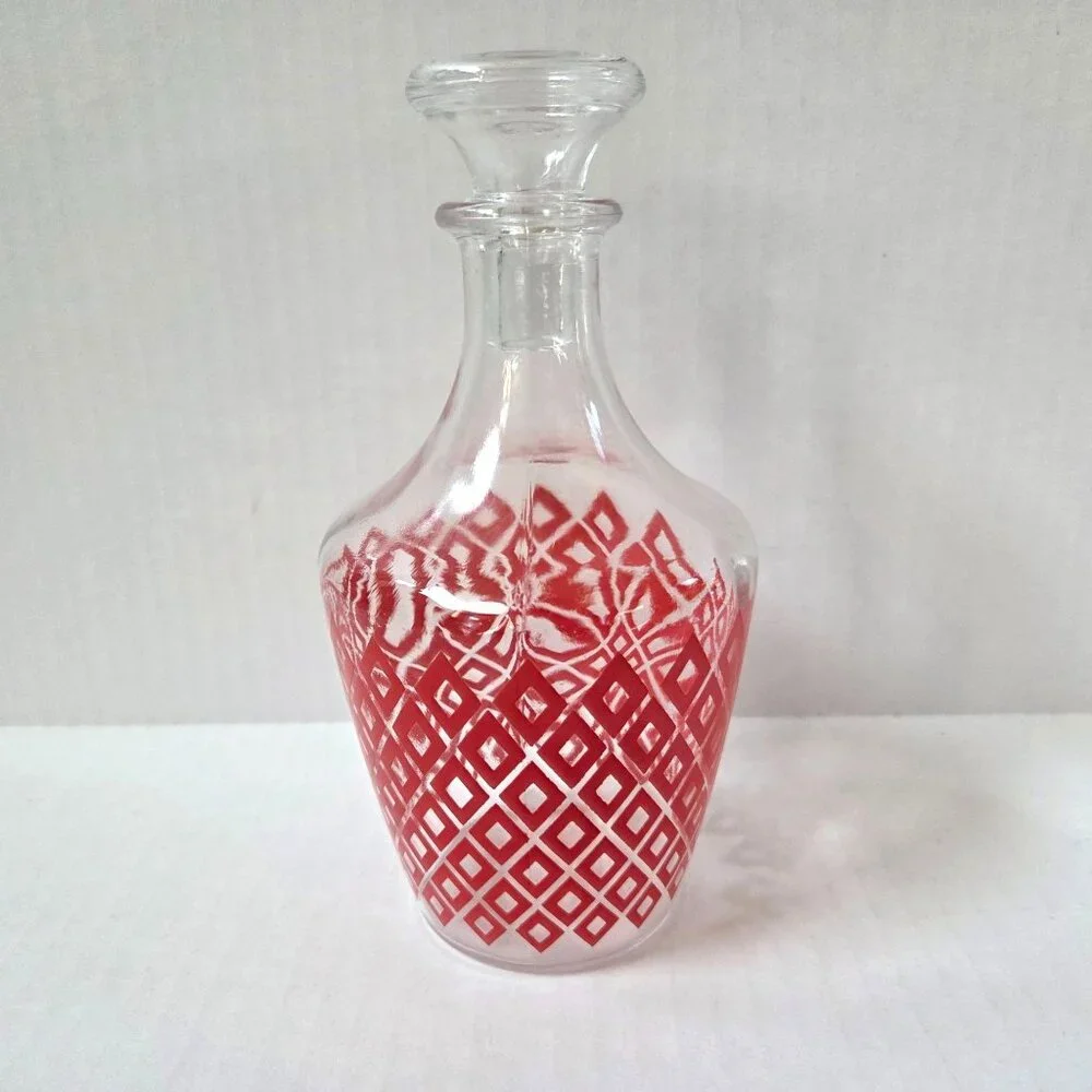 Red Diamond Geometric Liquor Decanter Glass Bottle & Stopper France MCM